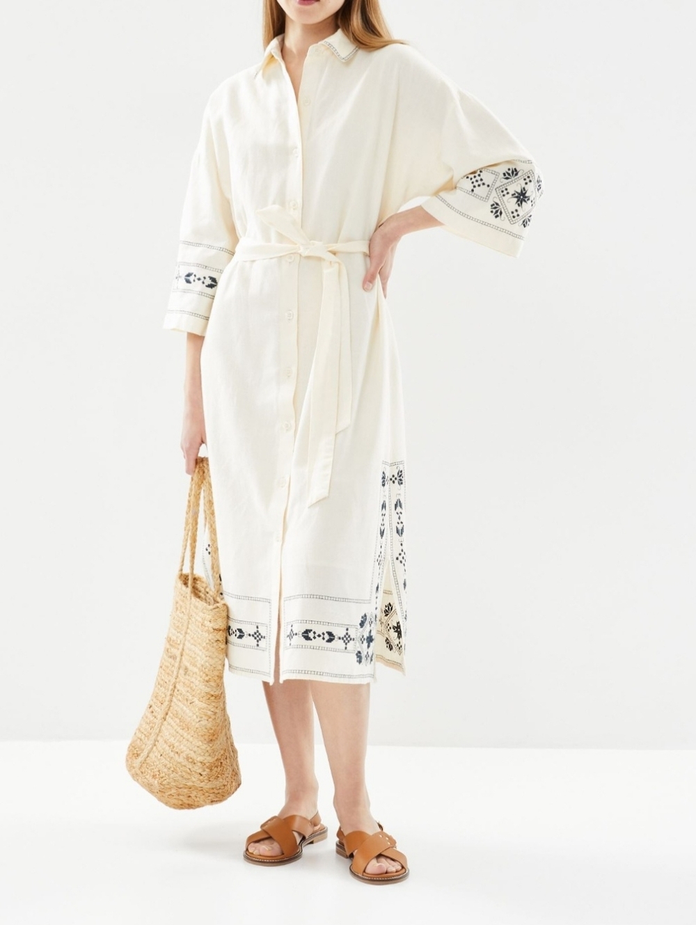 $250 STELLA FOREST Cotton Linen Midi Shirt Dress EU 38 US M Embroidered NO BELT